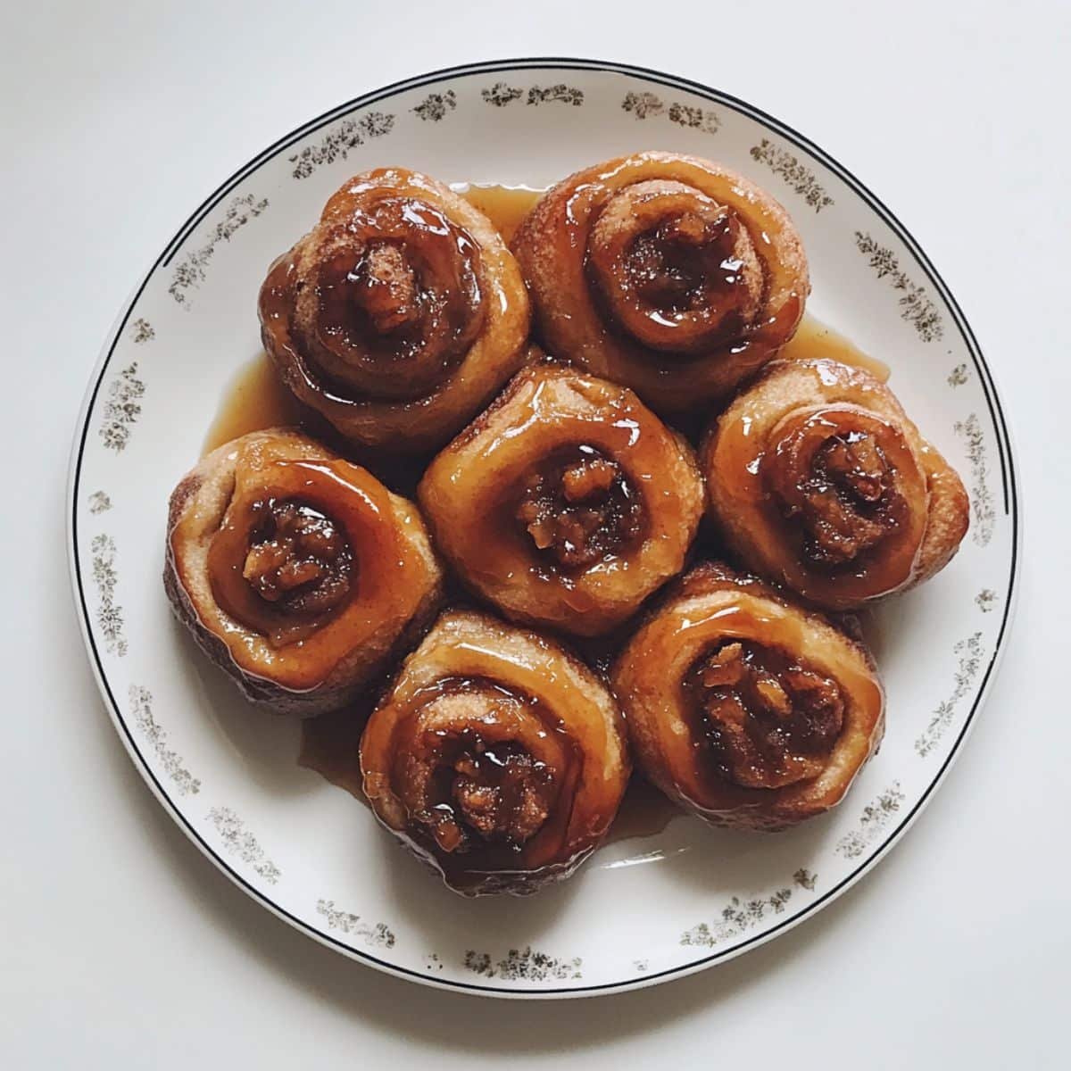 Gooey caramel pecan sticky buns fresh out of the oven on a white kitchen counter. Homemade and imperfect for that real weekend morning feel.