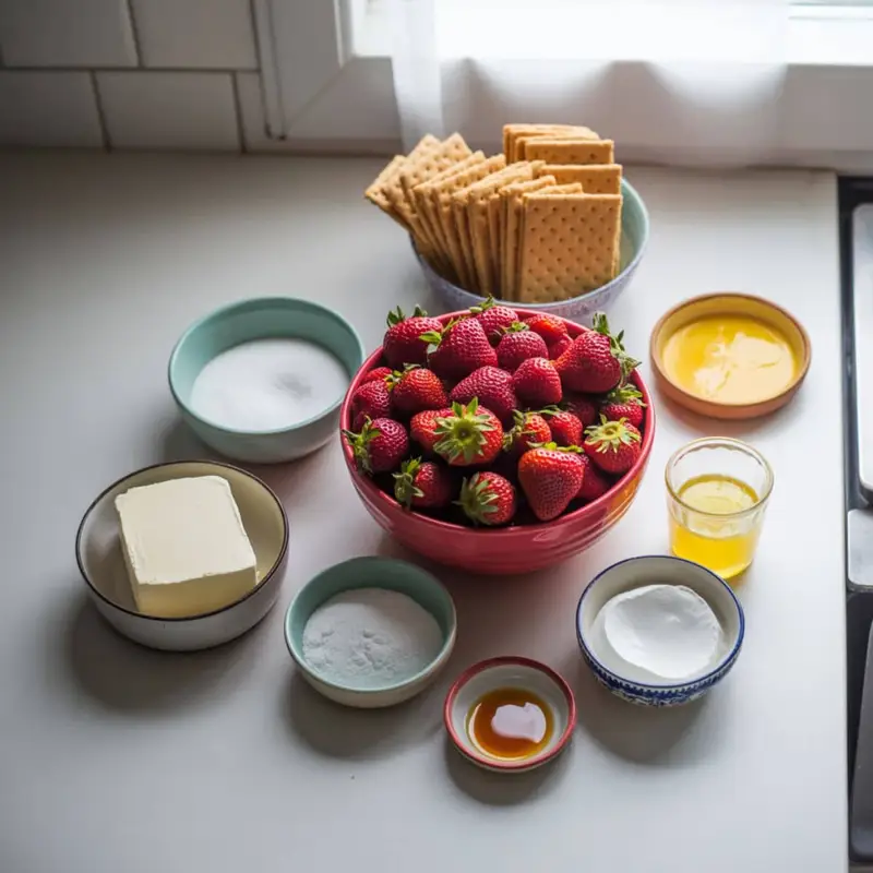Flat lay of ingredients for no-bake strawberry shortcake