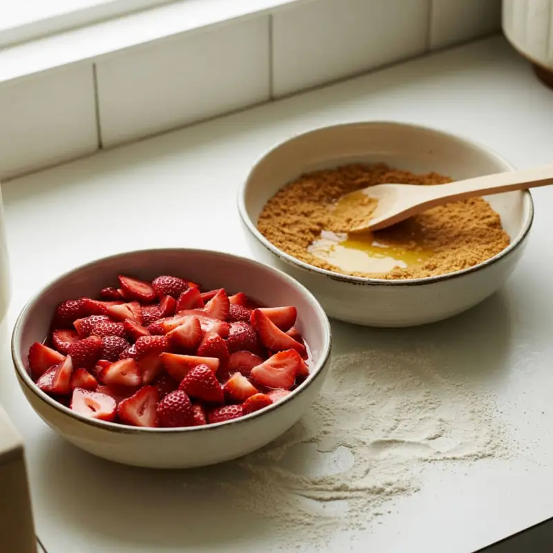 Sliced strawberries and graham cracker crumbs in bowls