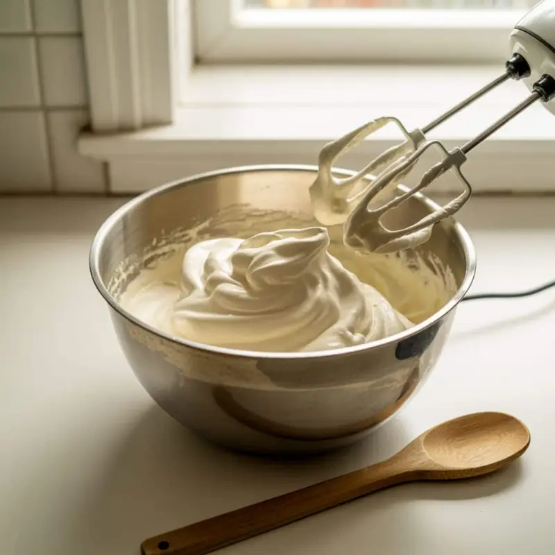 Whipped cream in mixing bowl with beaters