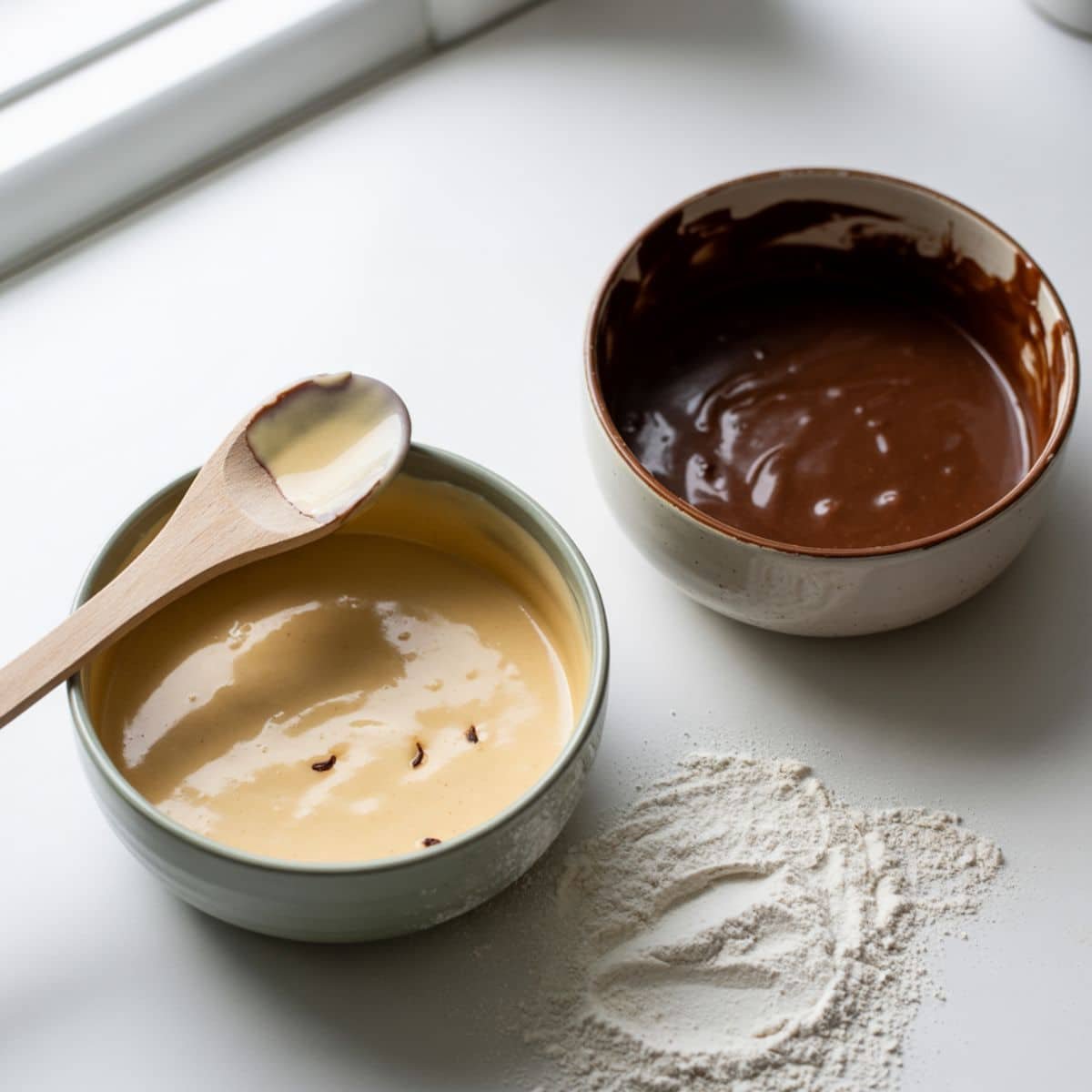 Bowls of vanilla and chocolate glaze on a white kitchen counter	