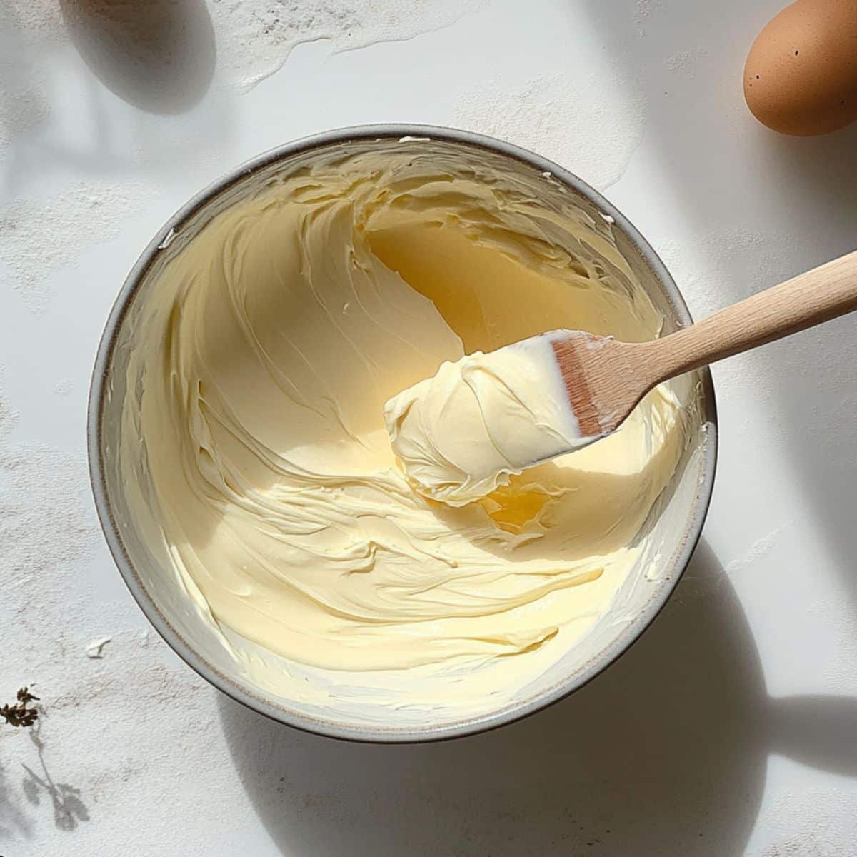 Firm peaks forming in whipped egg whites on a white counter, with mixer and cream of tartar nearby.