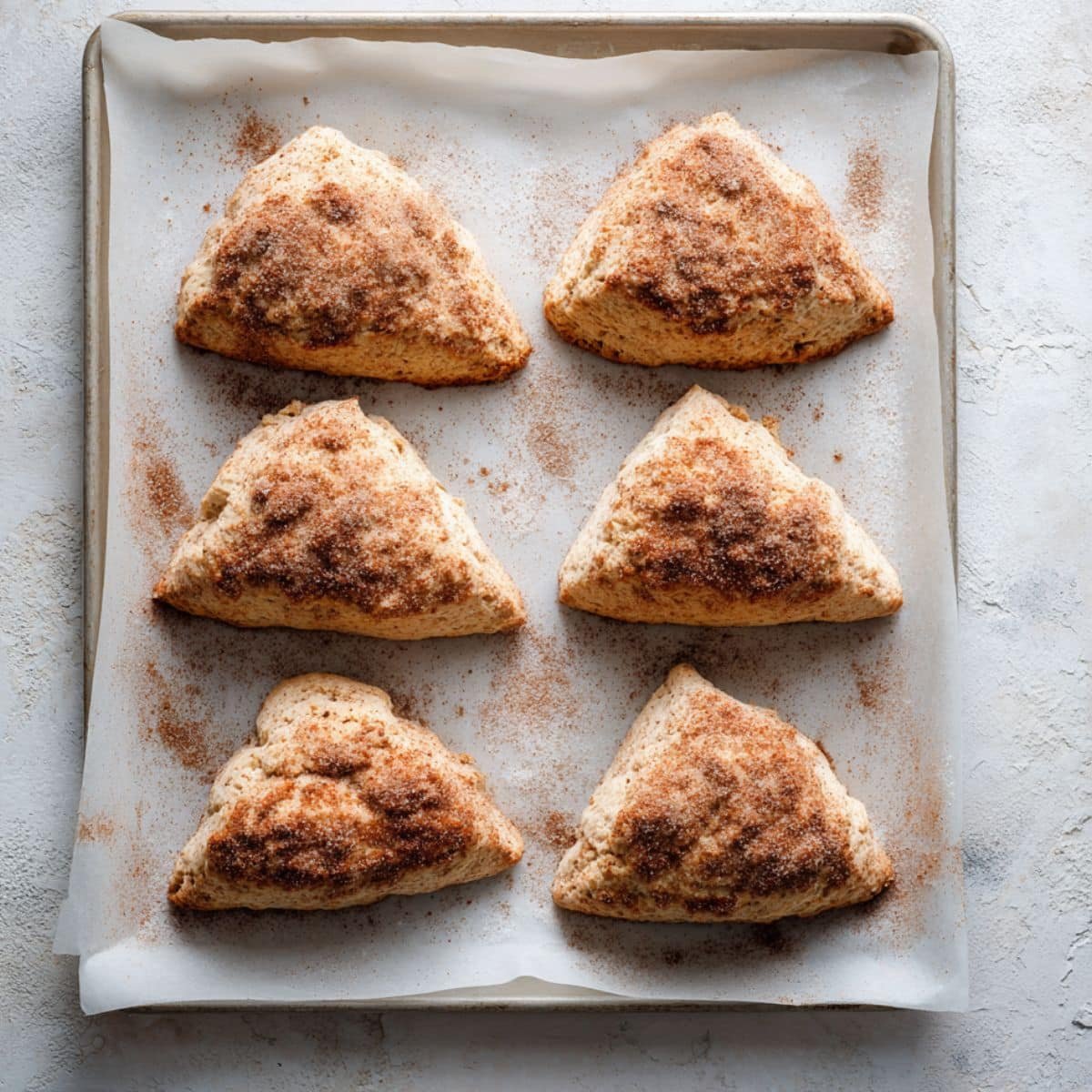 Cinnamon scones on baking tray sprinkled with cinnamon sugar before baking	