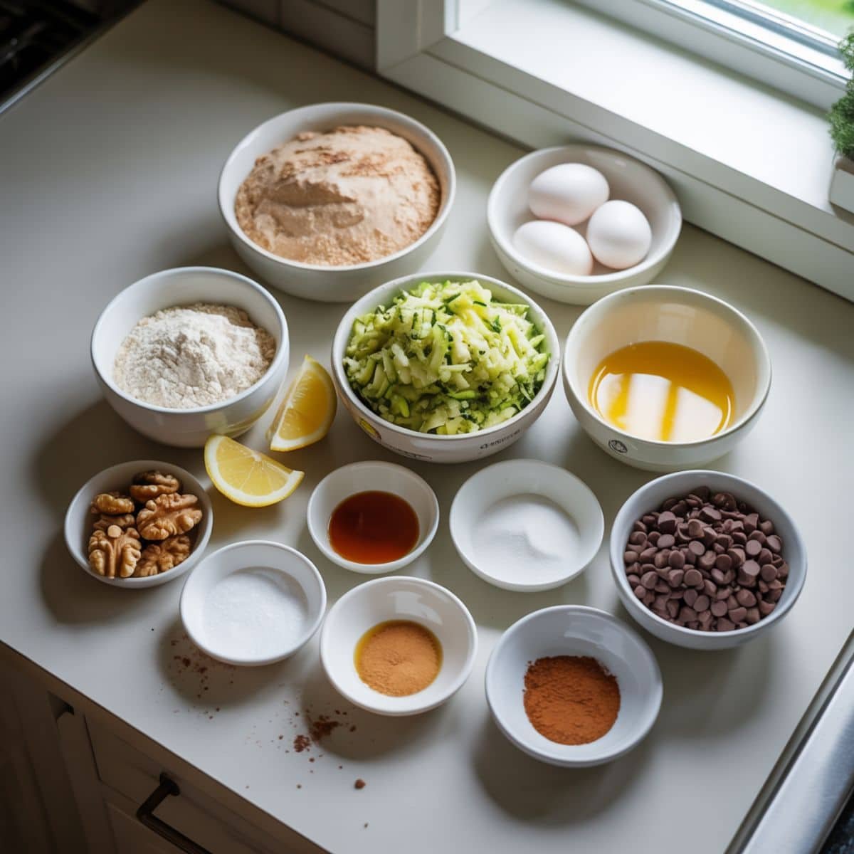 Ingredients for keto zucchini bread arranged on a white counter