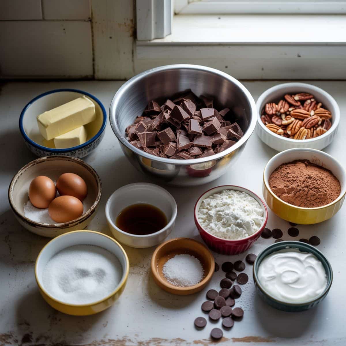 Brownie and caramel ingredients laid out on white counter	