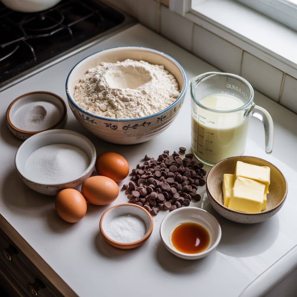 Flat lay of chocolate chip pancake ingredients on a white countertop	