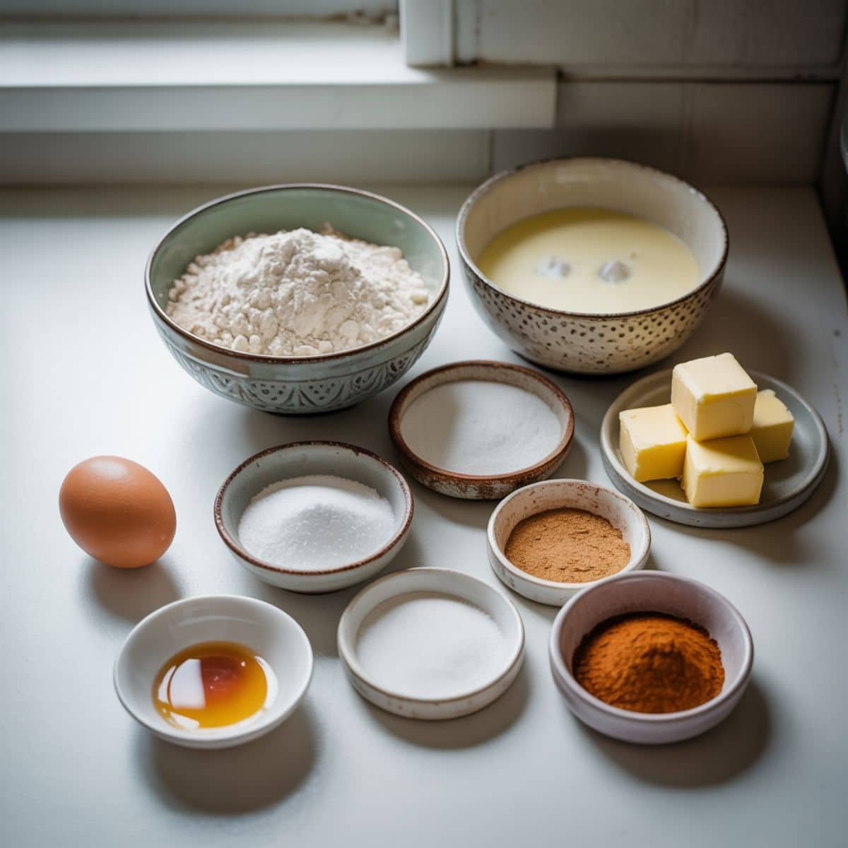 Top-down view of all ingredients for cinnamon scones laid out on a white kitchen surface	