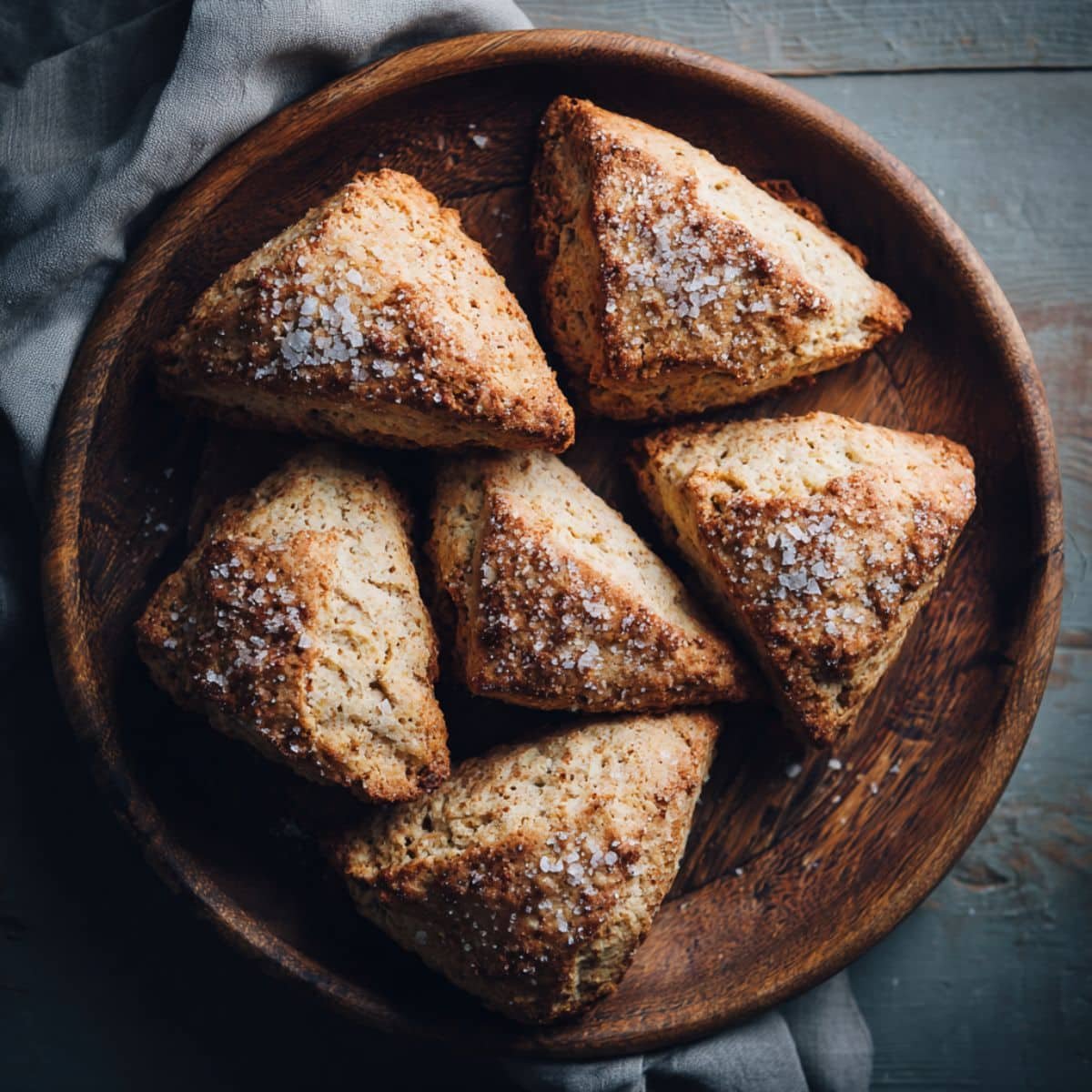 Close-up of golden brown homemade cinnamon scones recipe on a white kitchen counter	