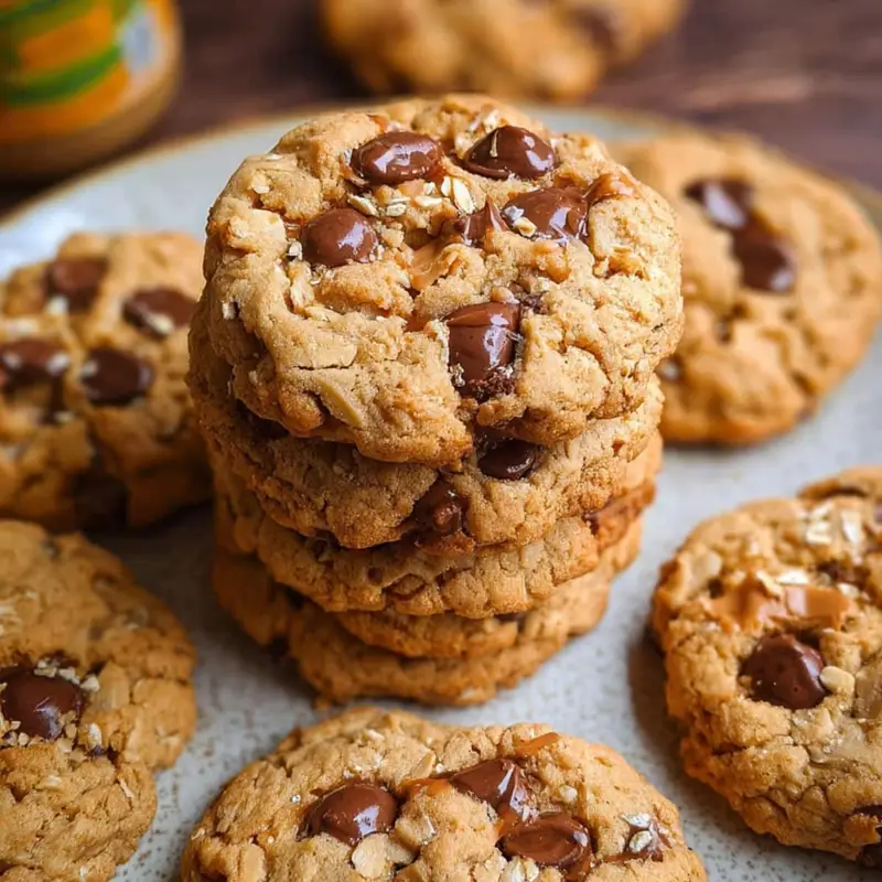A batch of homemade chocolate chip oatmeal peanut butter cookies with gooey centers on a white kitchen counter	