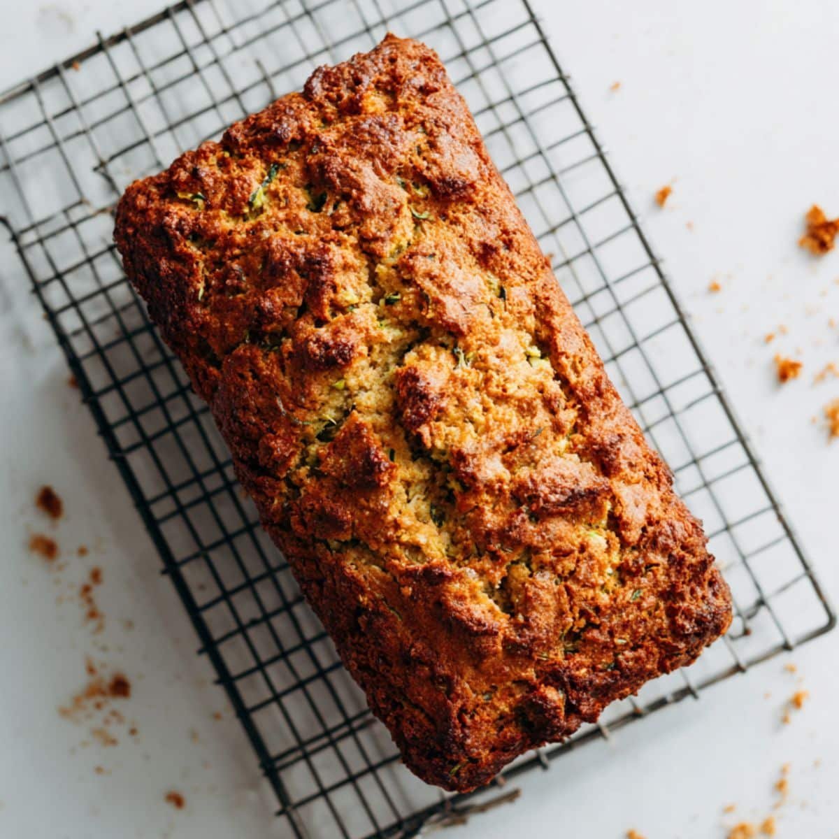 Freshly baked zucchini bread cooling on a rack