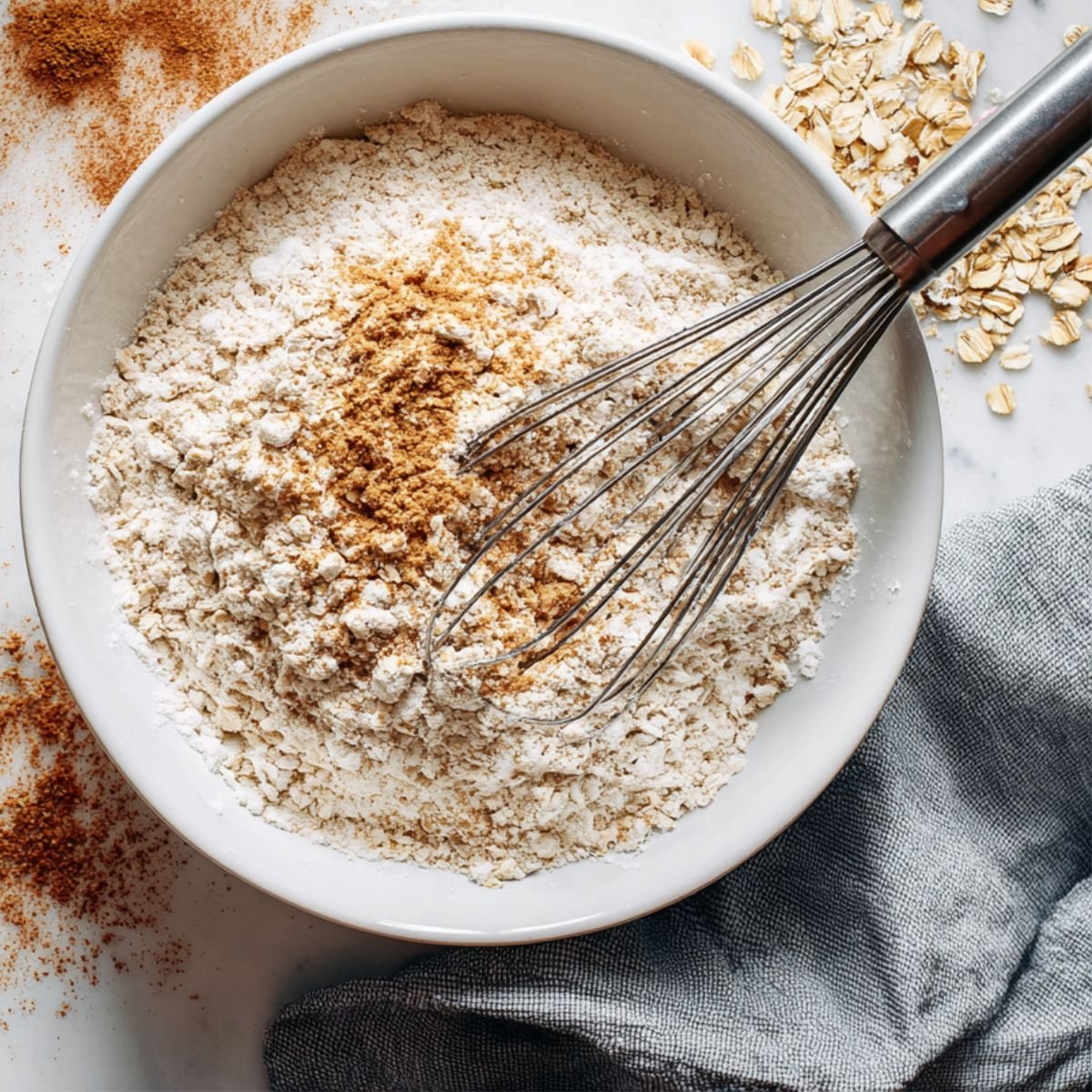 Flat lay of chocolate chip oatmeal peanut butter cookie ingredients on a white surface including oats, peanut butter, sugars, flour, and chocolate chips	