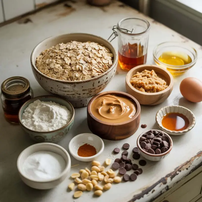 Flat lay of chocolate chip oatmeal peanut butter cookie ingredients on a white surface including oats, peanut butter, sugars, flour, and chocolate chips	
