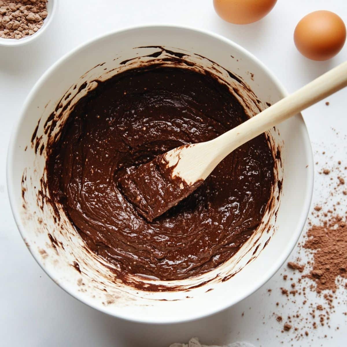 Brownie batter being stirred in white bowl	