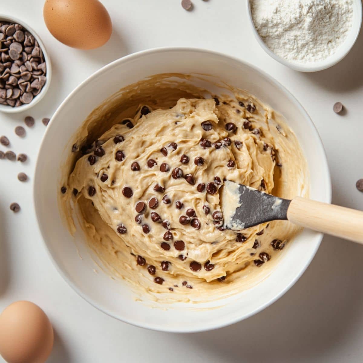 Mixing chocolate chip pancake batter in a bowl with ingredients around	