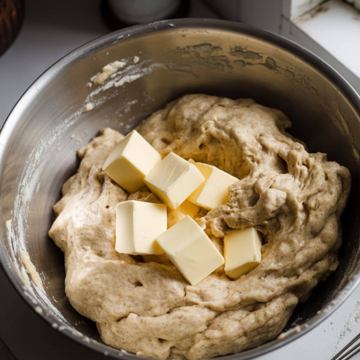 Mixing cinnamon scone dough in a bowl with butter chunks visible	