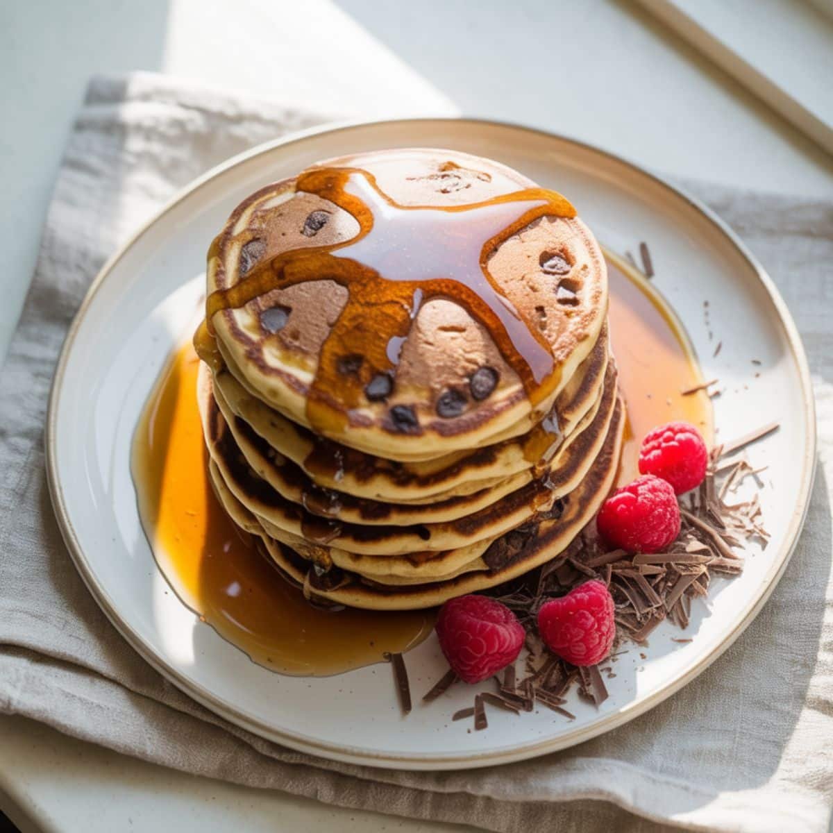 Serving homemade chocolate chip pancakes with syrup	