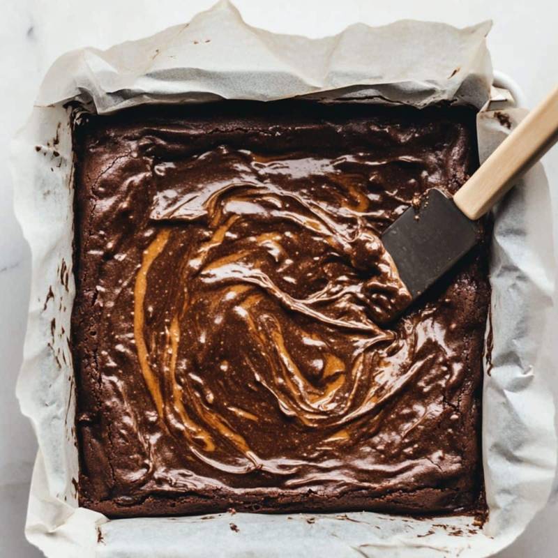 Brownie batter swirled with caramel in pan	