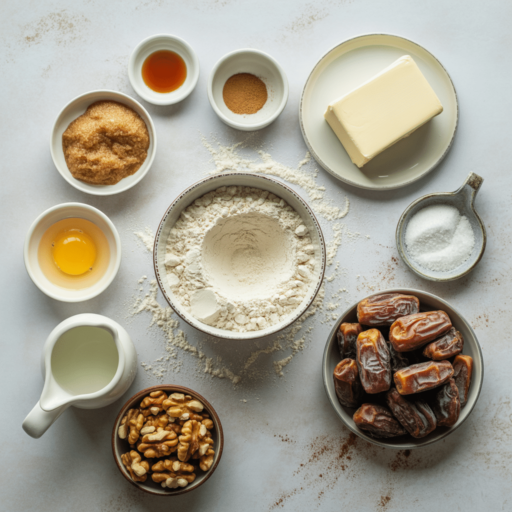 All measured ingredients for the date cookies on a white counter	