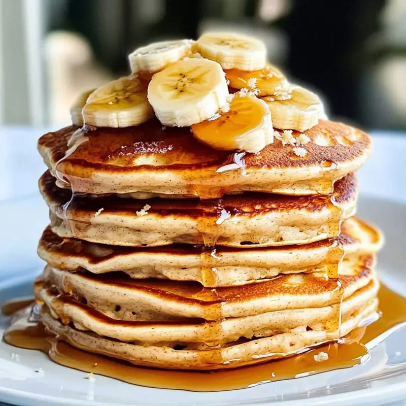 Fluffy almond flour banana pancakes stacked high with banana slices and syrup on a white plate.	