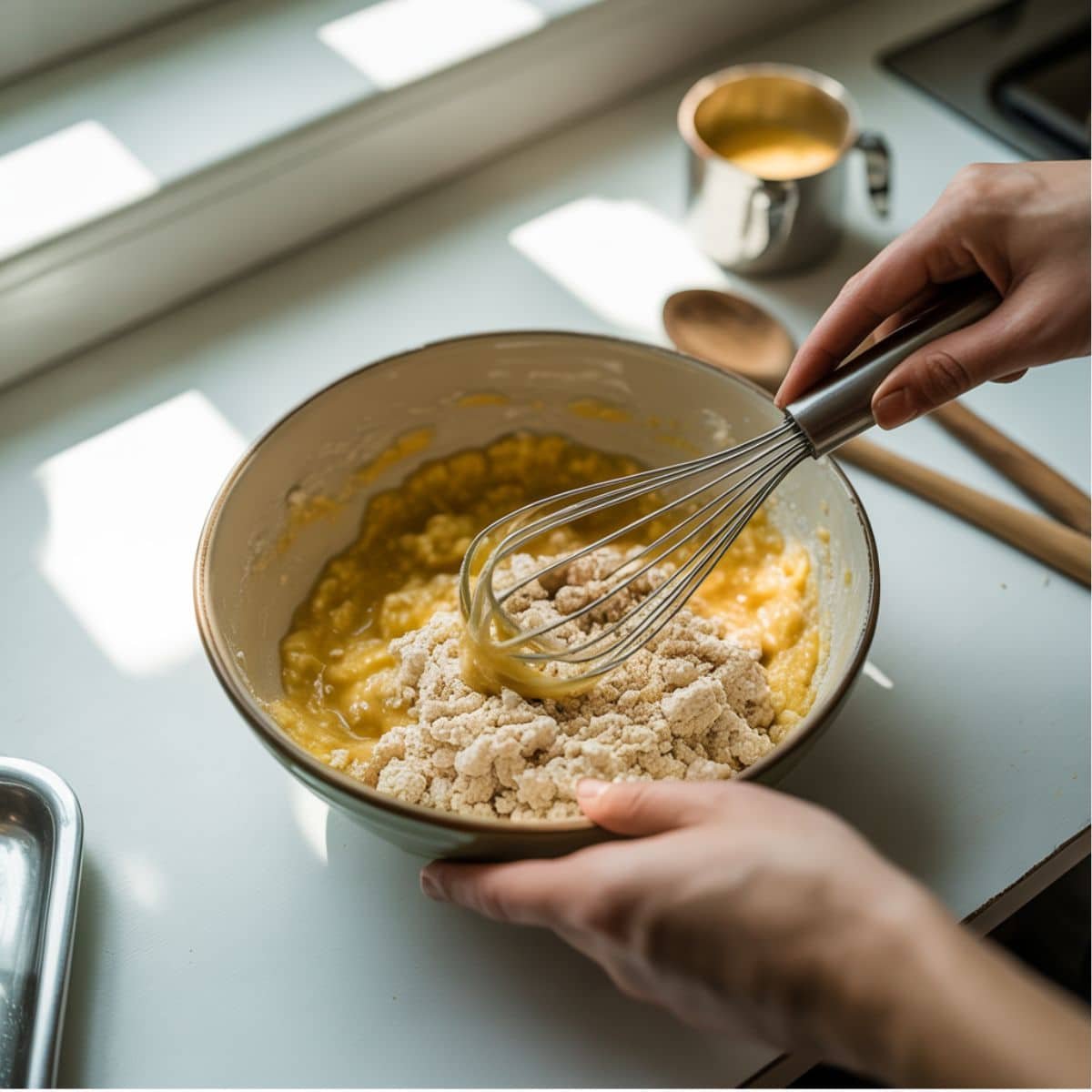 Mixing banana pancake batter with almond flour in a large bowl.	