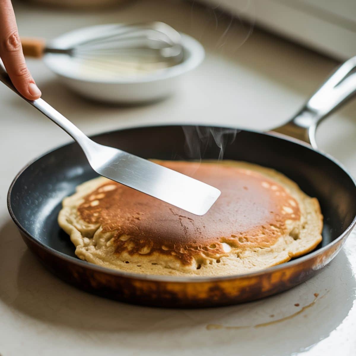 Flipping a golden almond flour banana pancake on the skillet to finish cooking.	