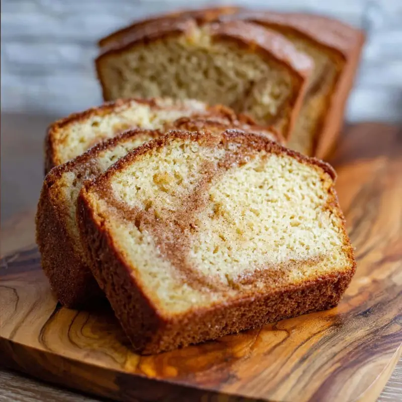 Two slices of Amish Cinnamon Bread with butter on a white counter