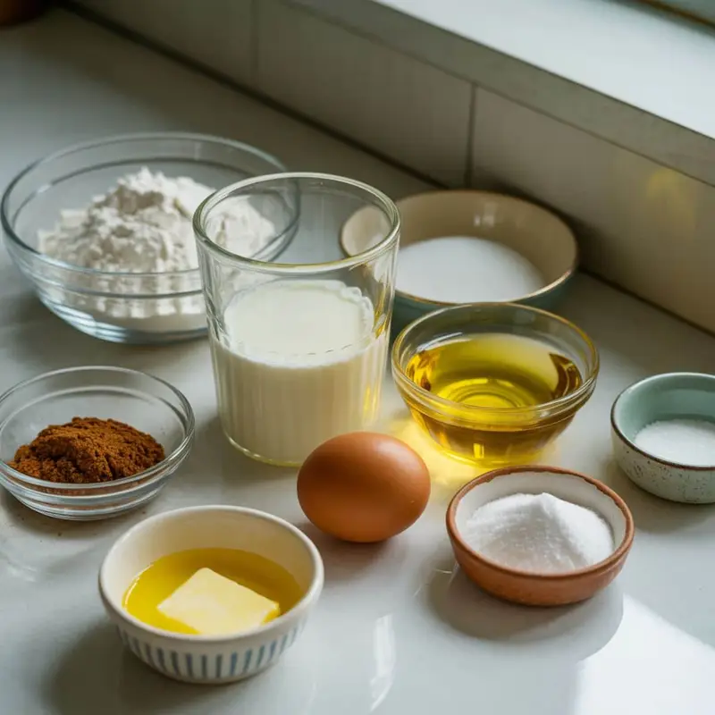 Measured ingredients for Amish Cinnamon Bread on white counter