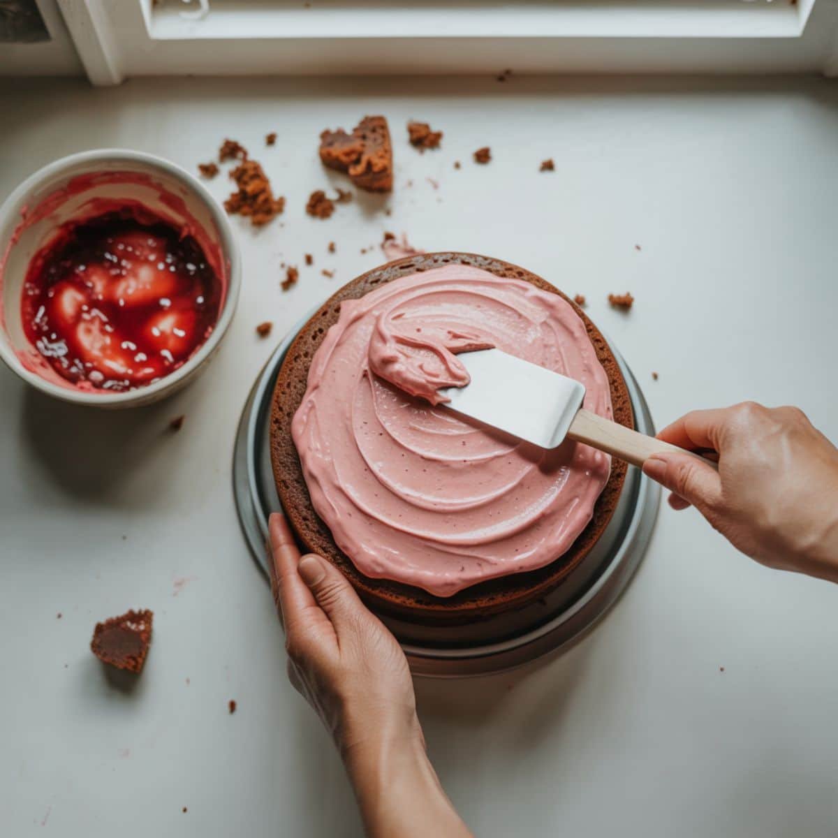 Chocolate cake being layered with strawberry buttercream and filling

