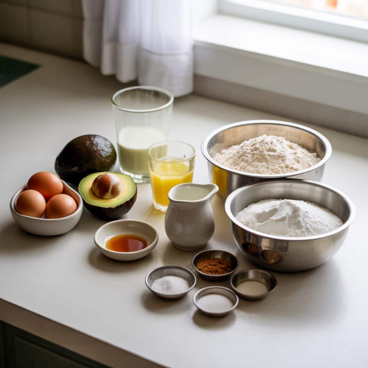 Top view of ingredients for homemade avocado bread	