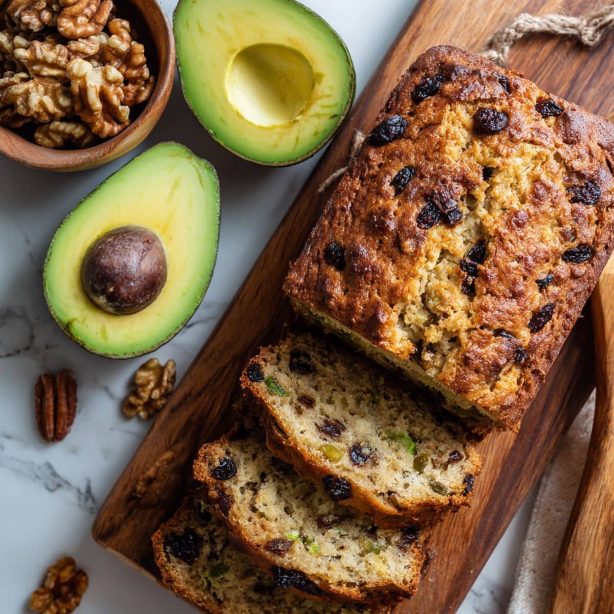 Sliced homemade Avocado Bread Recipe on a wooden board	