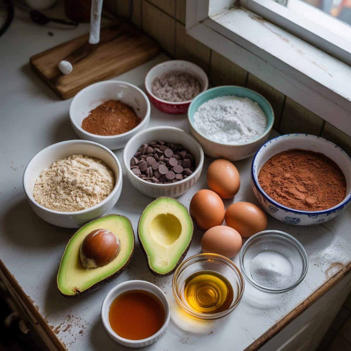 Avocado brownie ingredients laid out on a white counter	