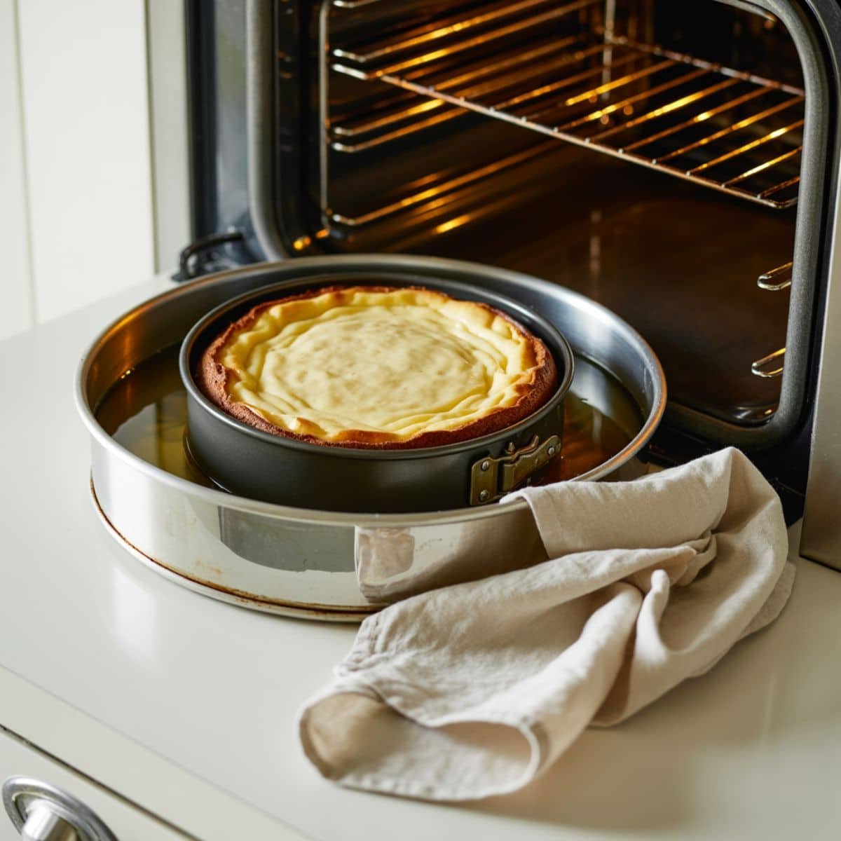Cheesecake baking in water bath inside oven	