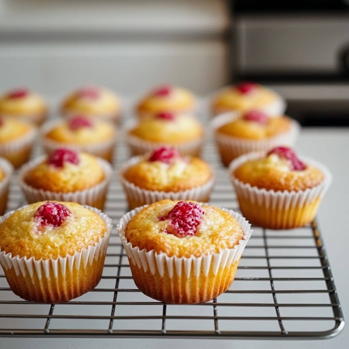 Freshly baked lemon raspberry cupcakes cooling on a wire rack	