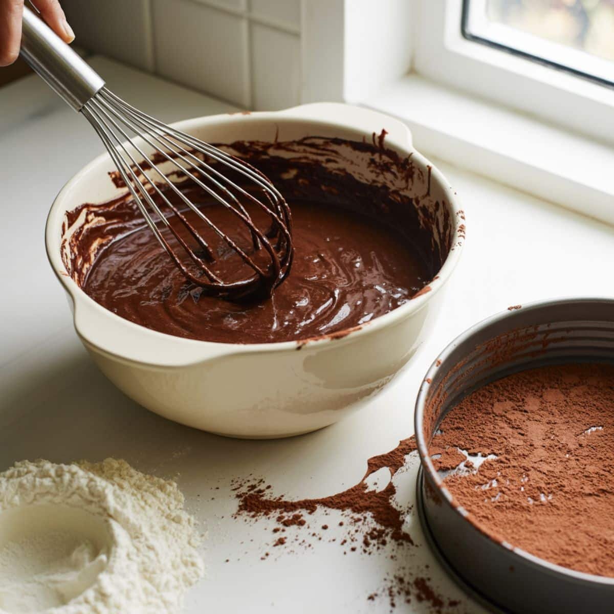 Two pans filled with chocolate cake batter on a kitchen counter

