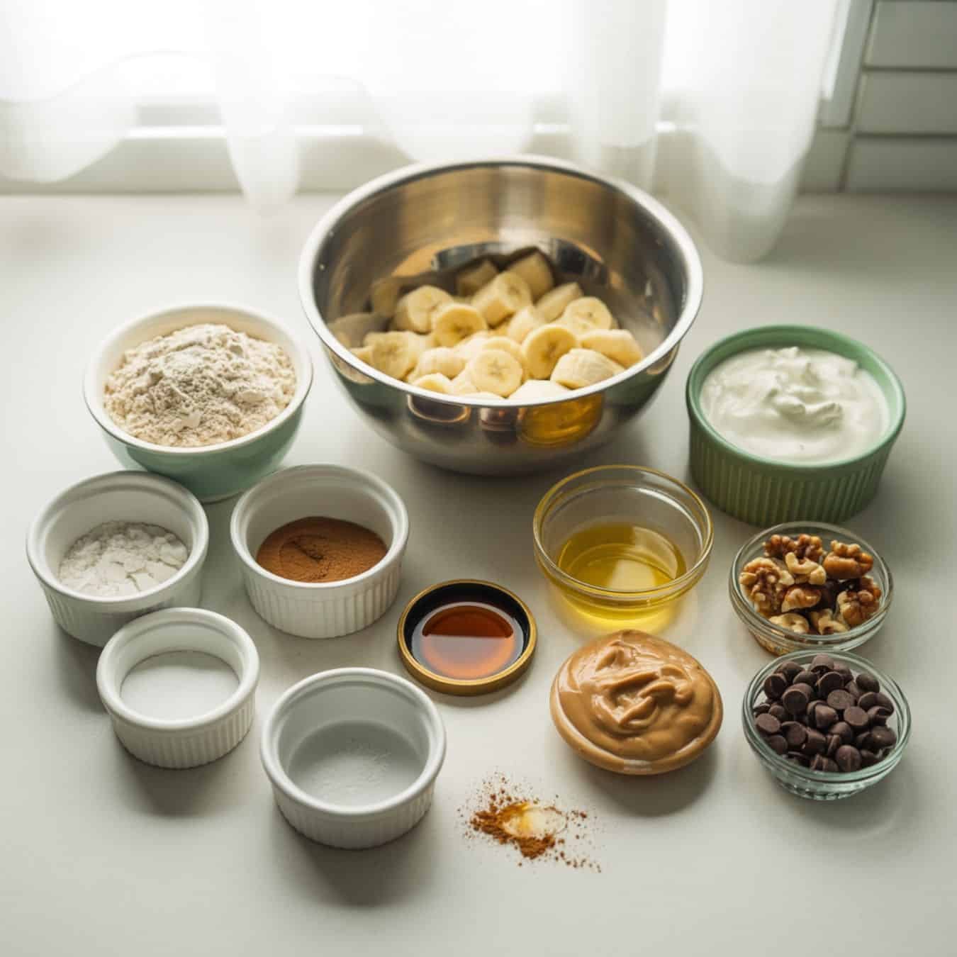 Flat lay of all measured ingredients for banana protein muffins on a white counter	