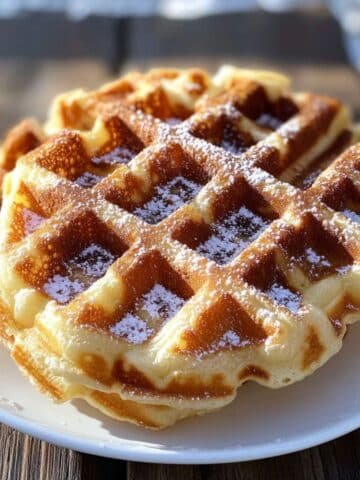 Close-up of two golden Belgian sugar waffles on a white plate
