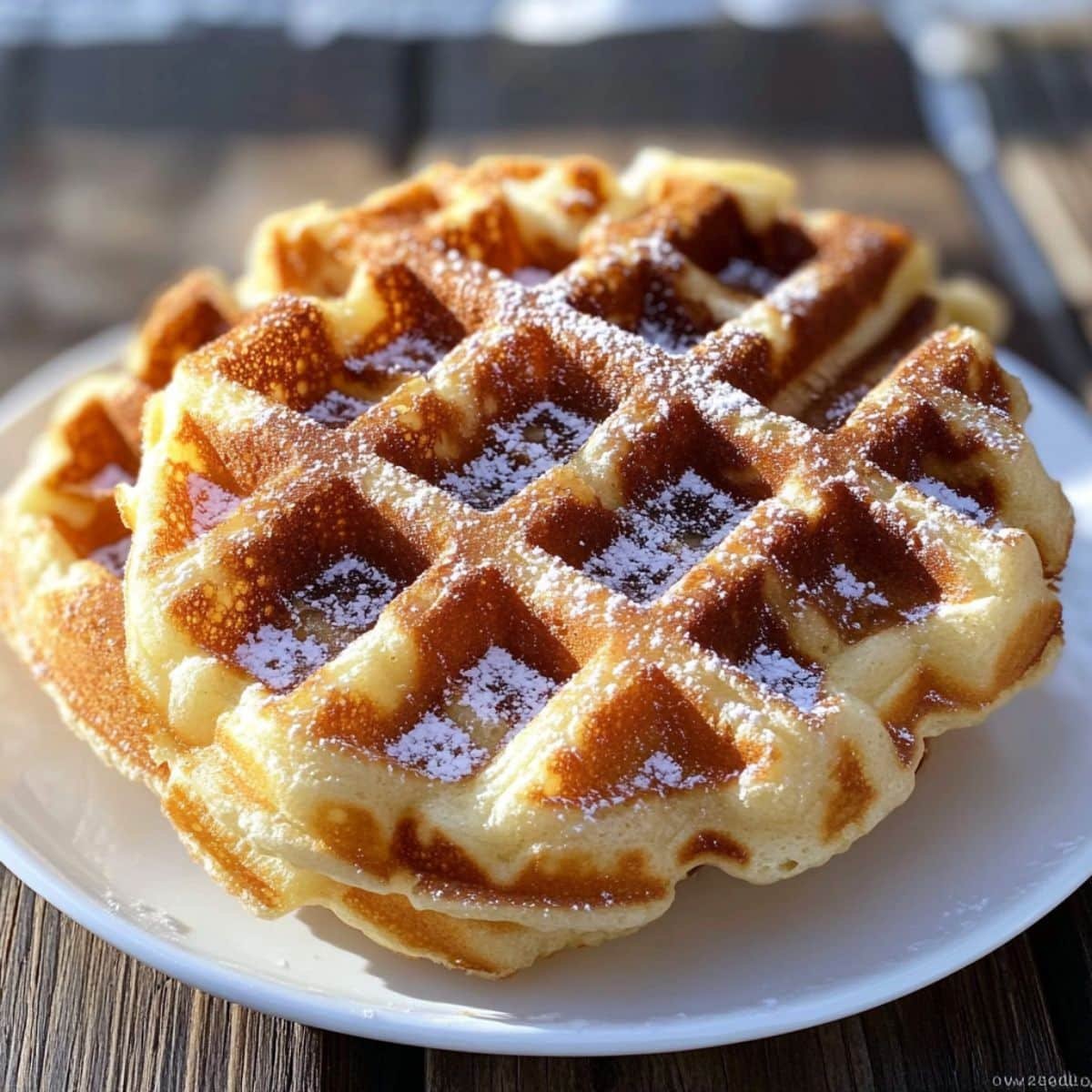Close-up of two golden Belgian sugar waffles on a white plate
