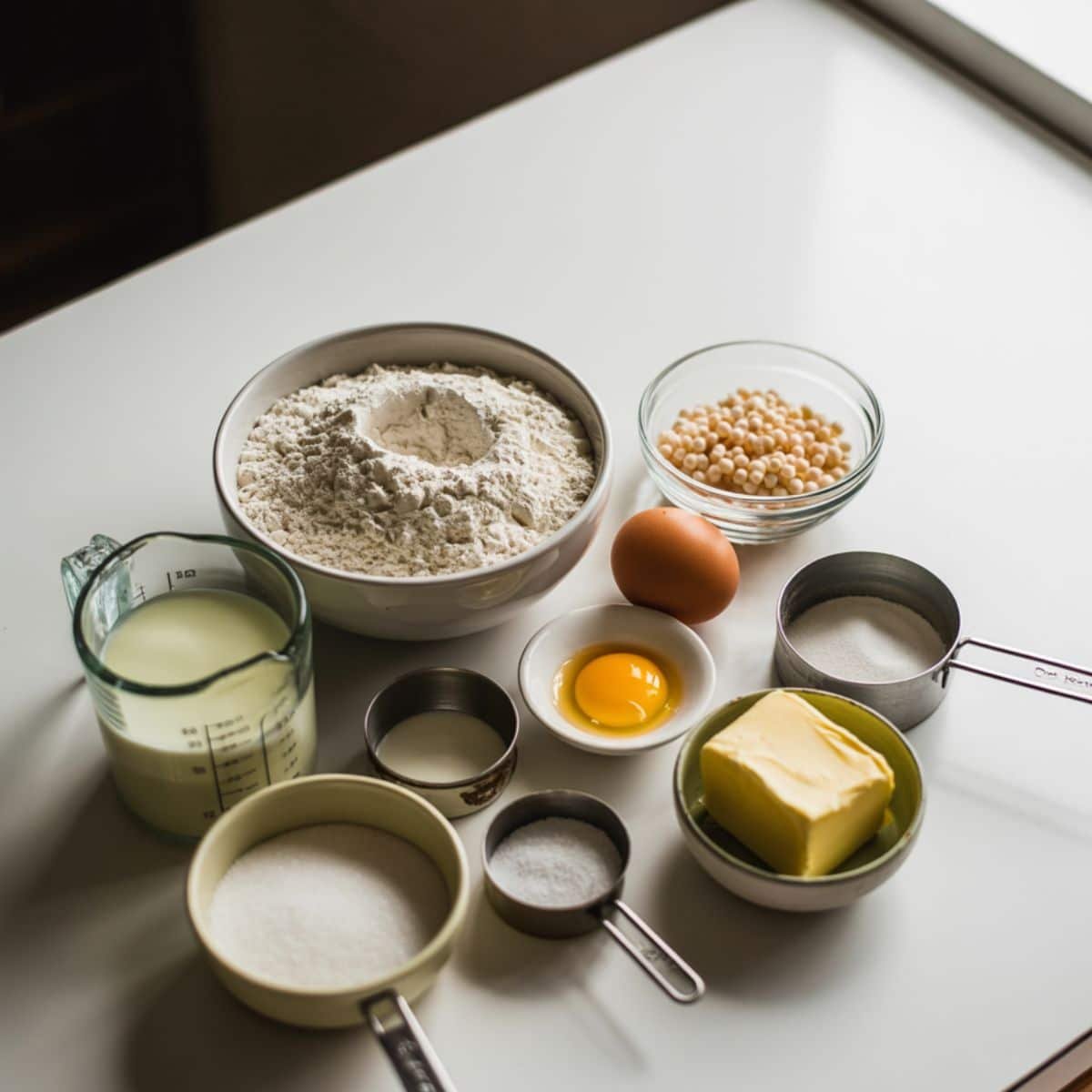 Flat lay of Belgian sugar waffle ingredients including pearl sugar, flour, eggs, and butter on a white countertop	
