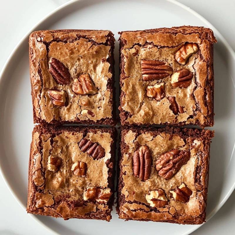 Homemade blond brownies with pecans on a white plate, top view	