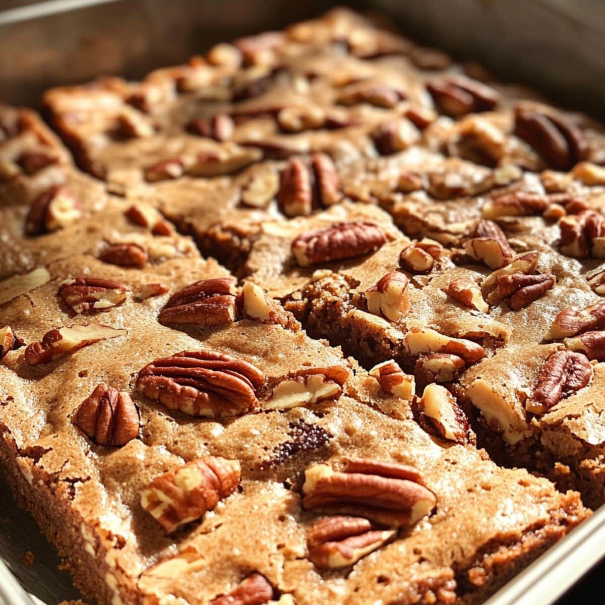 Freshly baked blond brownies cooling in a pan on a white counter	