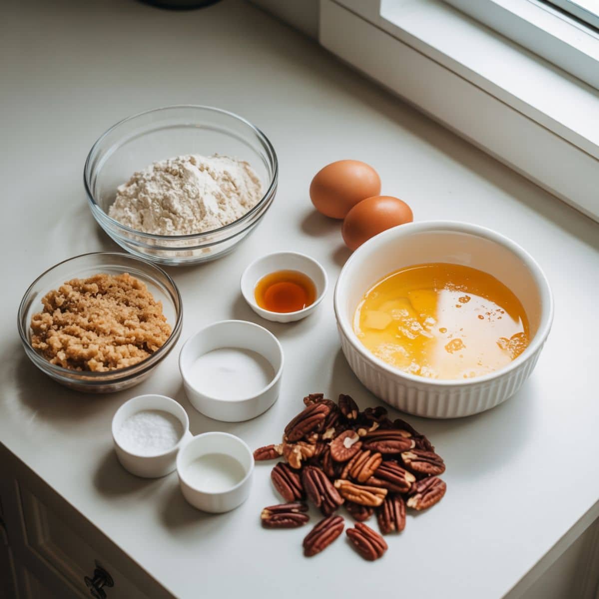 All ingredients for blond brownies with pecans laid out on a white counter		