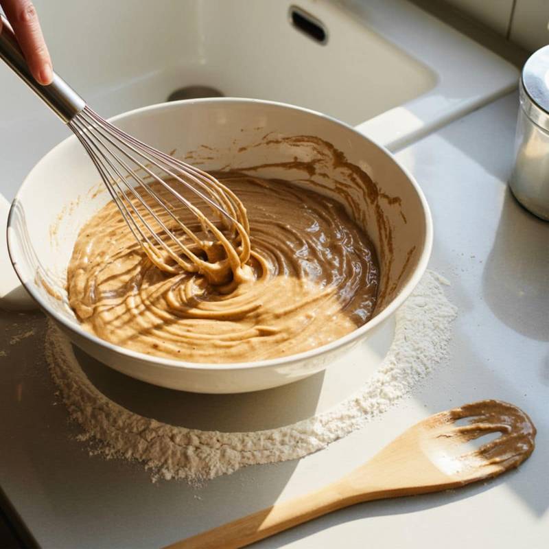 Whisking blondie batter in a white bowl on a white counter	
