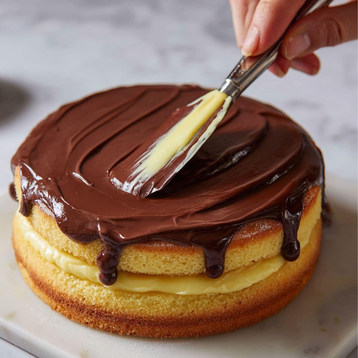 Layering custard between cake rounds with glaze on top	