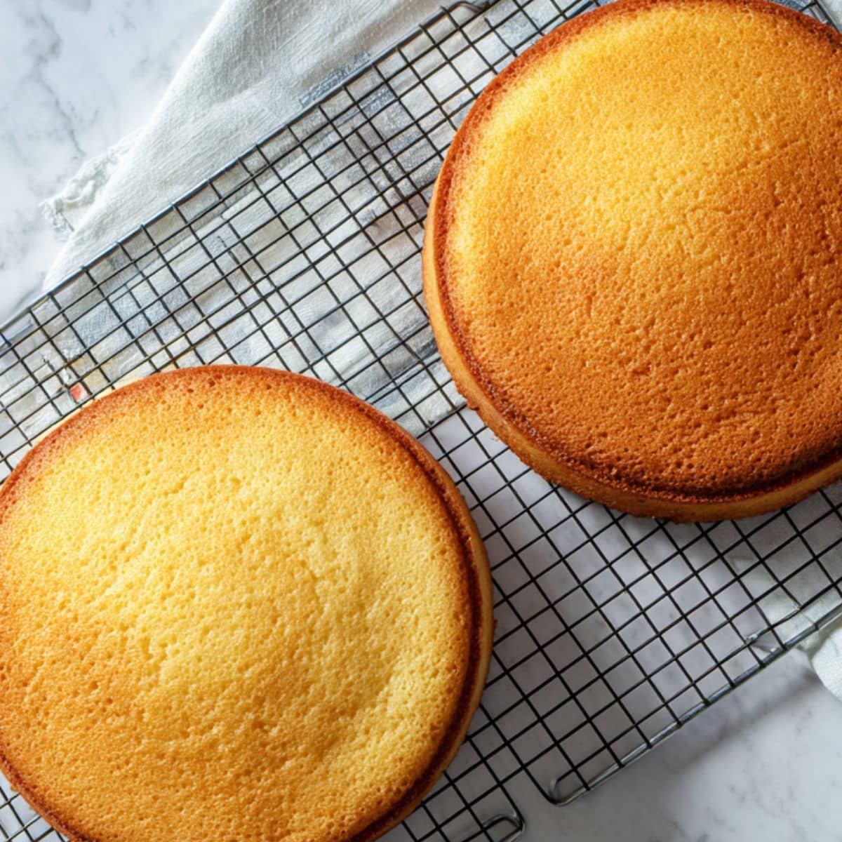 Cake layers cooling on wire rack in a white kitchen	
