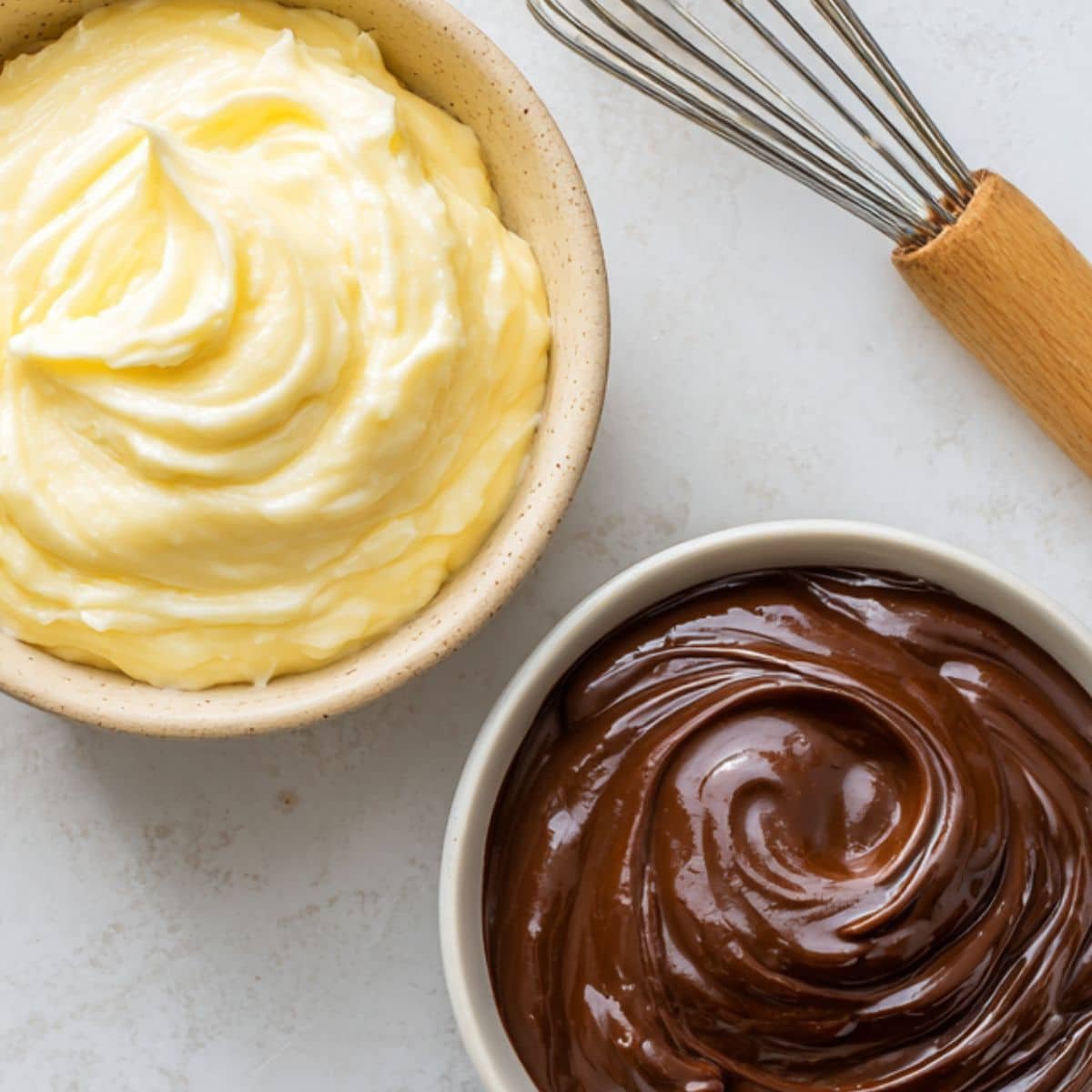 Homemade vanilla custard and chocolate glaze in bowls	