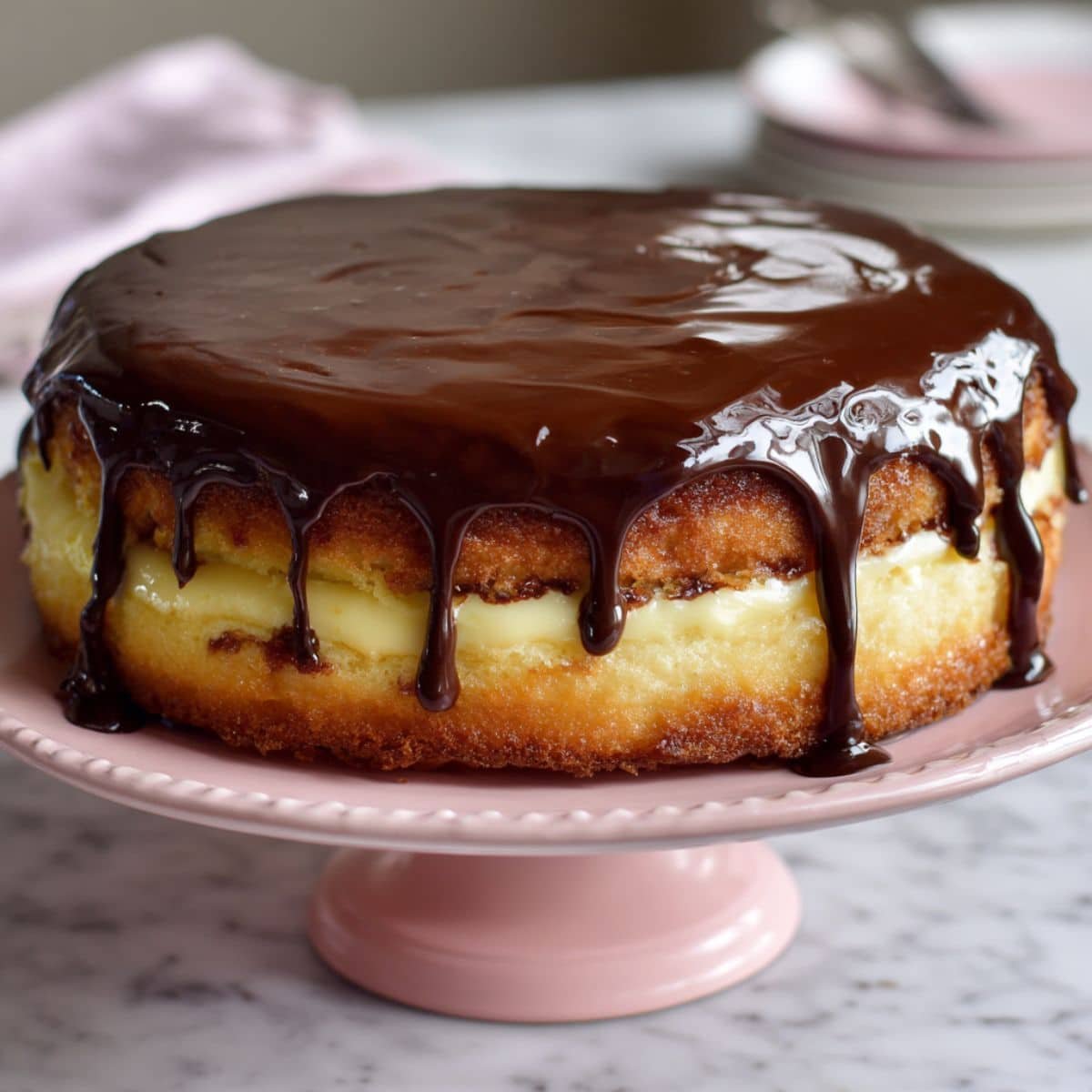Boston Cream Pie with rich chocolate glaze and custard filling on cake stand	