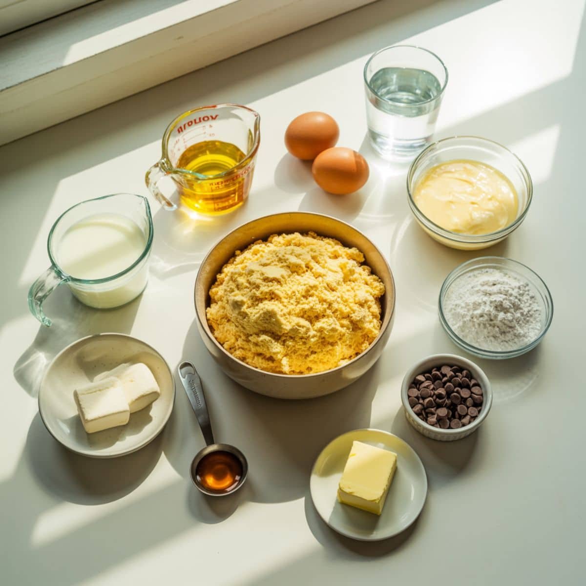 All ingredients for Boston Cream Pie laid out on a white counter	