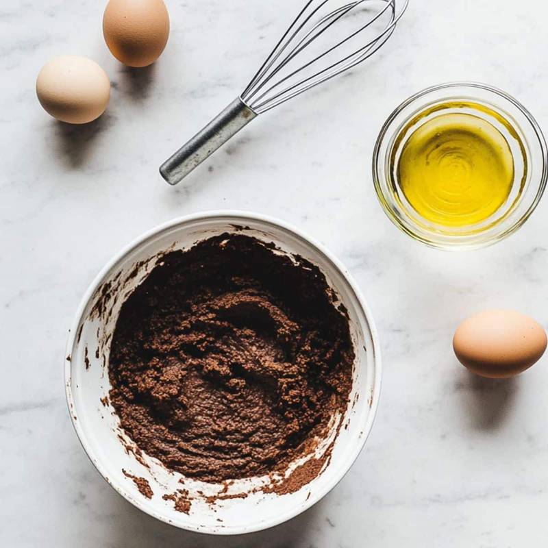 Brownie mix, eggs, and vegetable oil arranged on a white countertop	