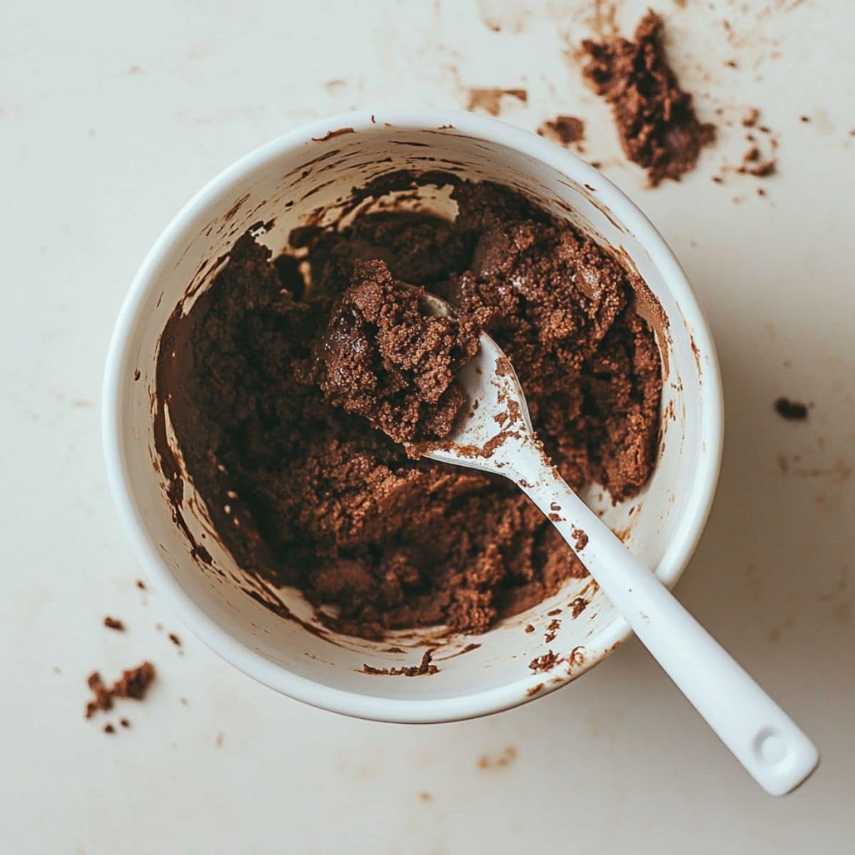 Brownie mix dough being stirred in a mixing bowl	