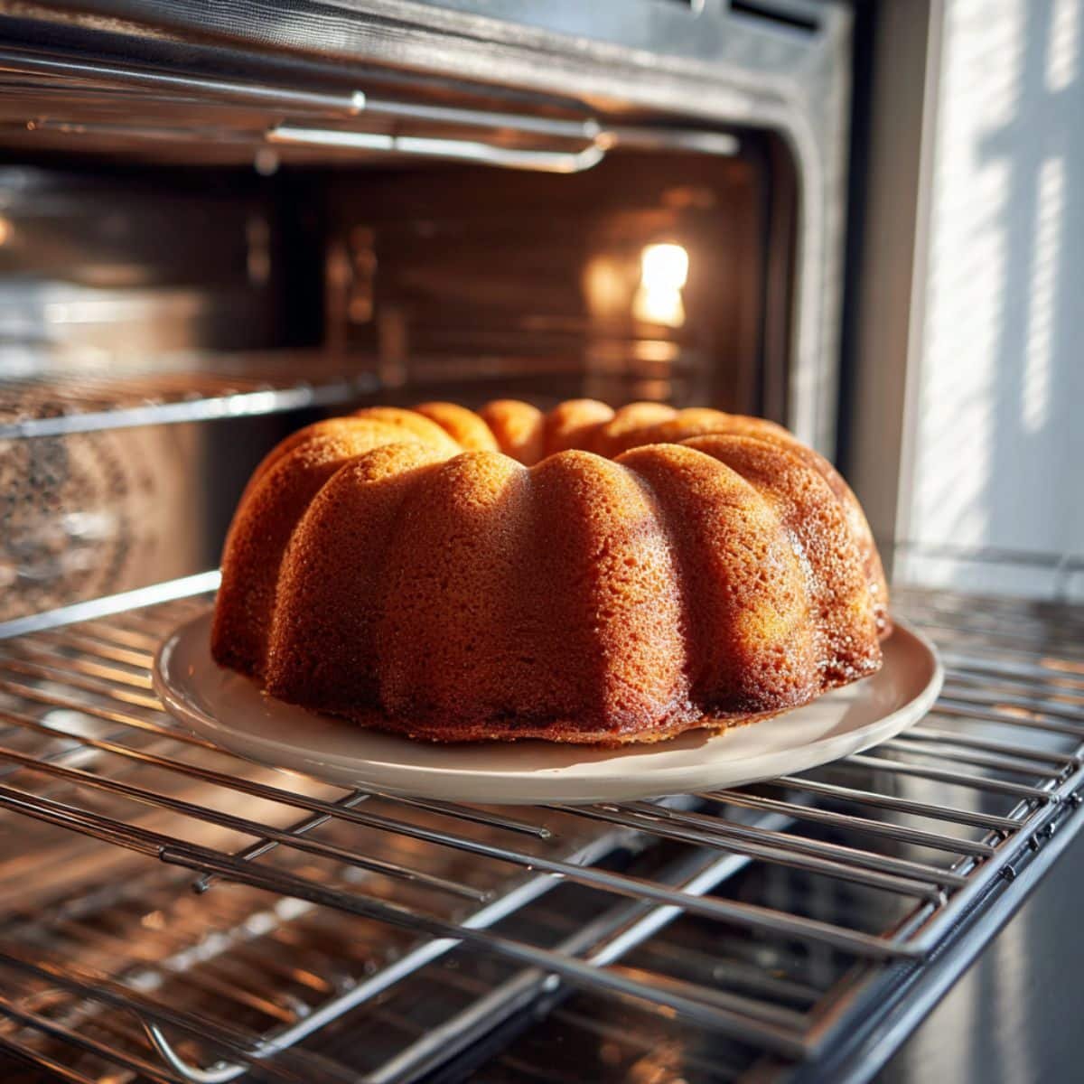 Bundt cake baking in a silver fluted pan inside a home oven	